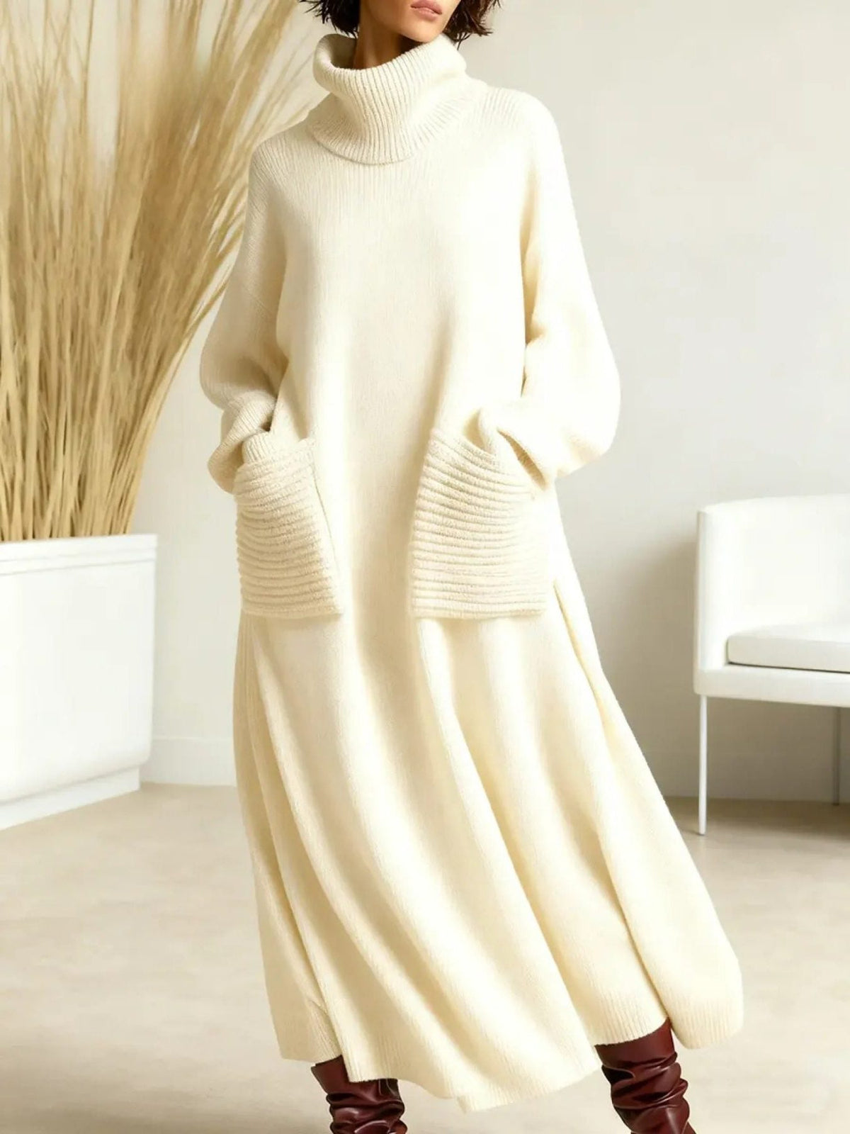 Oversized Ribbed Knit Maxi Dress with Roll Neck for Women - White