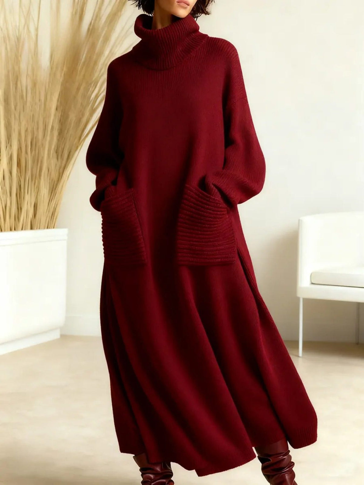 Oversized Ribbed Knit Maxi Dress with Roll Neck for Women - Burgundy