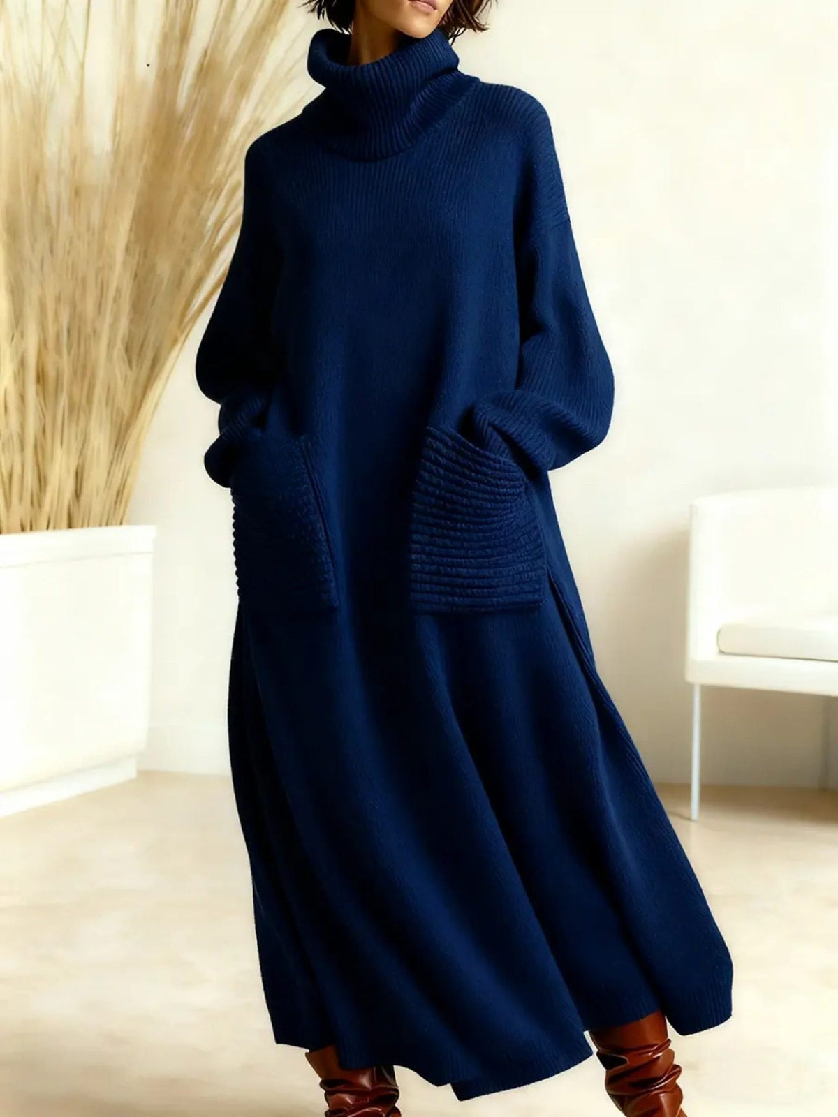 Oversized Ribbed Knit Maxi Dress with Roll Neck for Women - Navy Blue