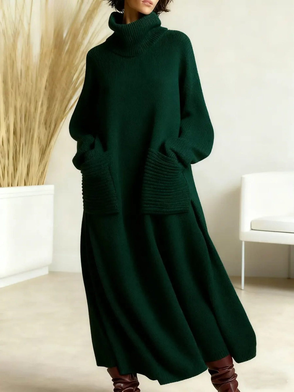 Oversized Ribbed Knit Maxi Dress with Roll Neck for Women - Green