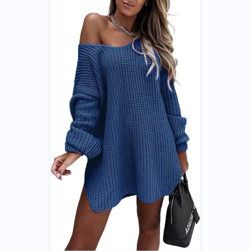 Oversized Ribbed Knit Off-Shoulder Dress for Women - Blue
