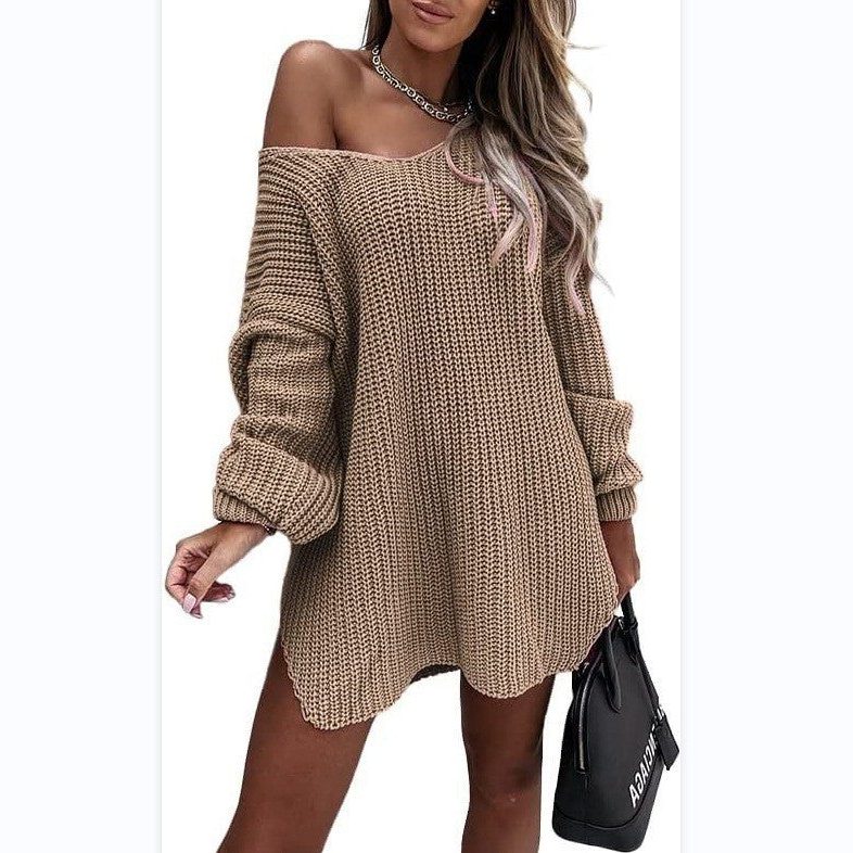 Oversized Ribbed Knit Off-Shoulder Dress for Women - Khaki