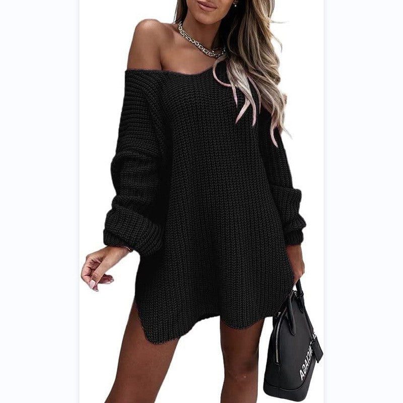 Oversized Ribbed Knit Off-Shoulder Dress for Women - Black