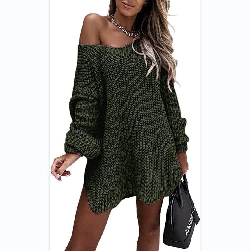 Oversized Ribbed Knit Off-Shoulder Dress for Women - Turquoise