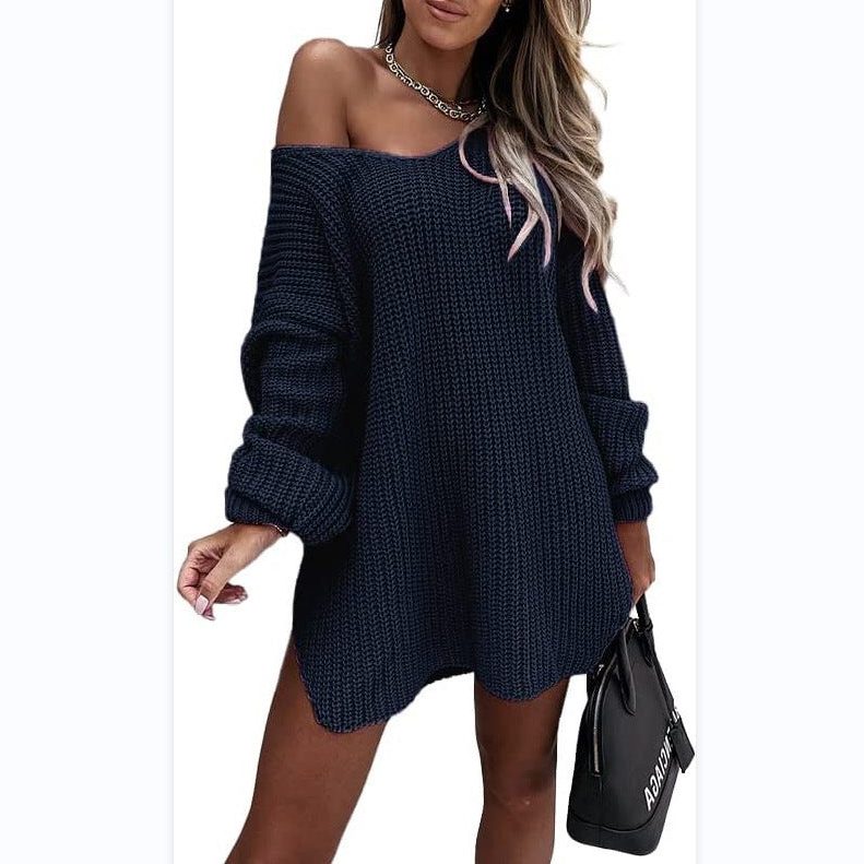 Oversized Ribbed Knit Off-Shoulder Dress for Women - View 3