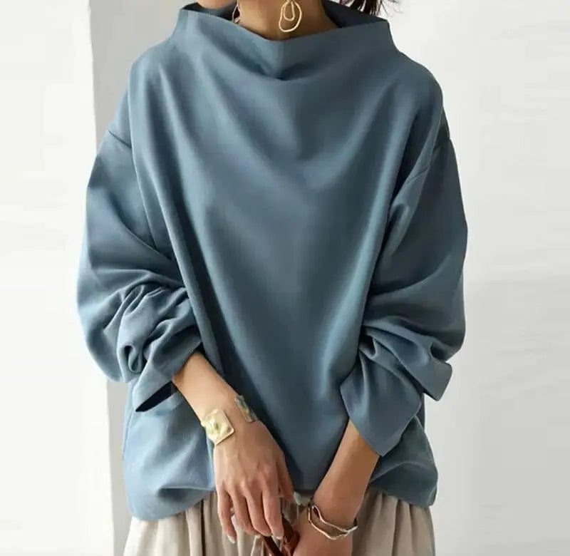 Oversized Roll Neck Knit Top for Women - Blue