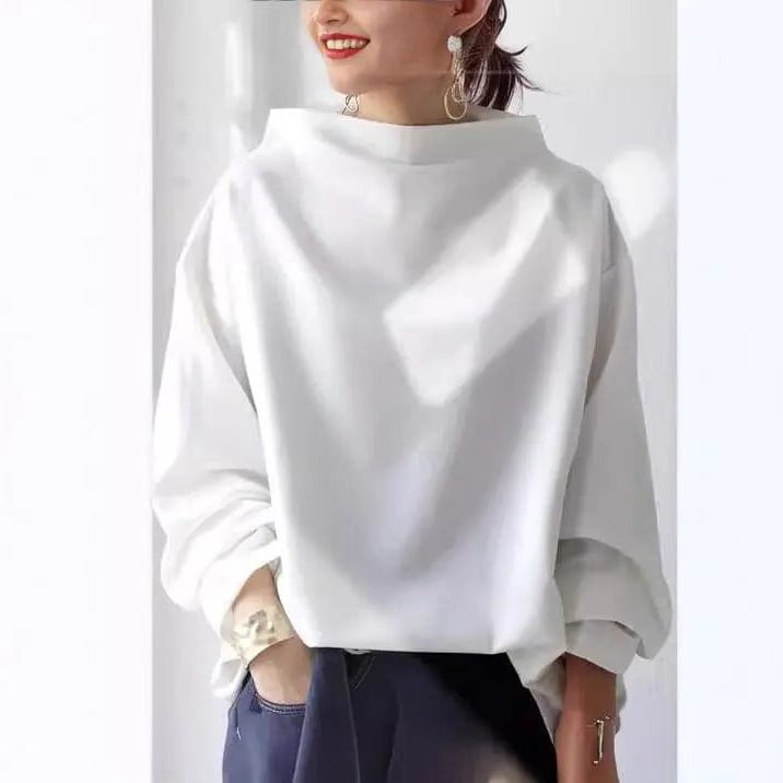 Oversized Roll Neck Knit Top for Women - White