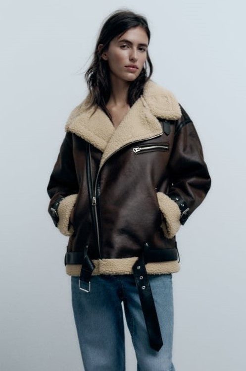 Oversized Shearling Collar Leather Jacket for Women