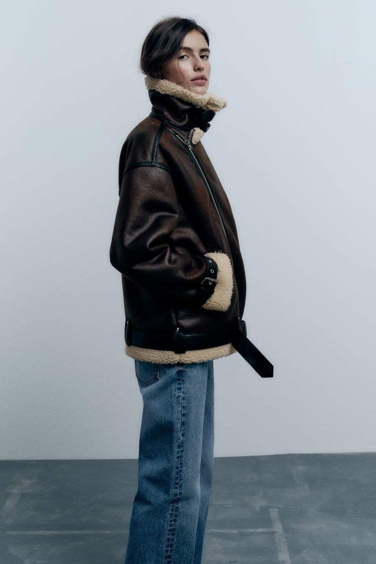 Oversized Shearling Collar Leather Jacket for Women