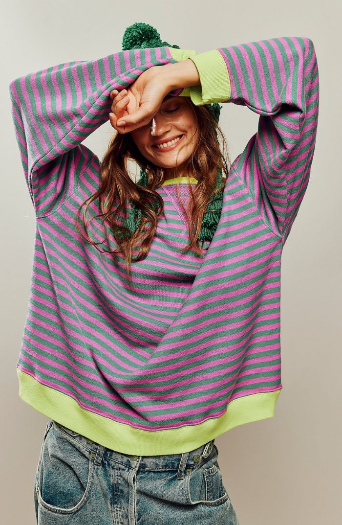 Oversized Striped Crew Neck Sweatshirt for Women