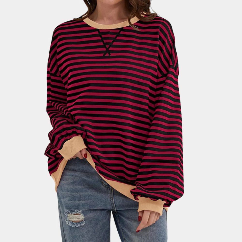 Oversized Striped Sweater with Contrast Cuffs for Women - Red