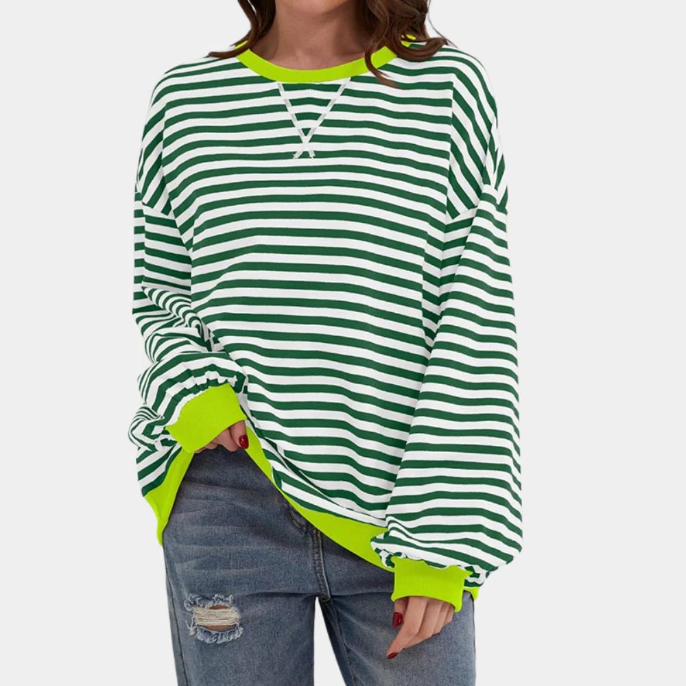 Oversized Striped Sweater with Contrast Cuffs for Women - Green