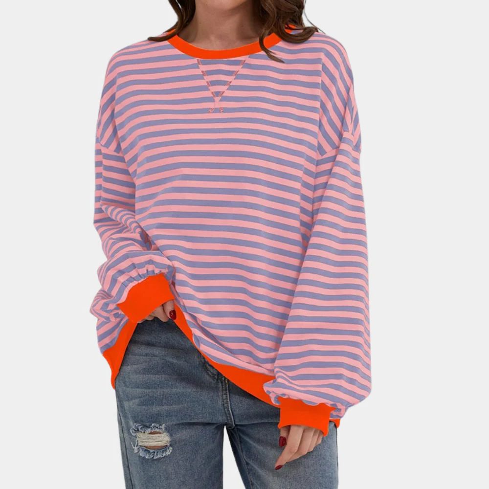 Oversized Striped Sweater with Contrast Cuffs for Women - Pink