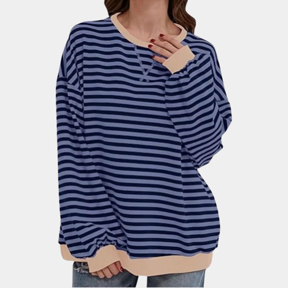 Oversized Striped Sweater with Contrast Cuffs for Women - Navy