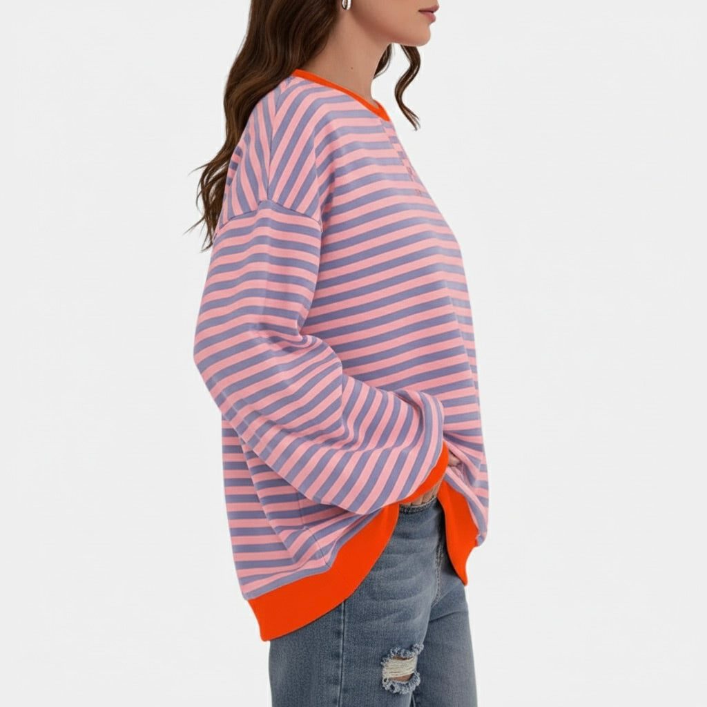 Oversized Striped Sweater with Contrast Cuffs for Women - View 3
