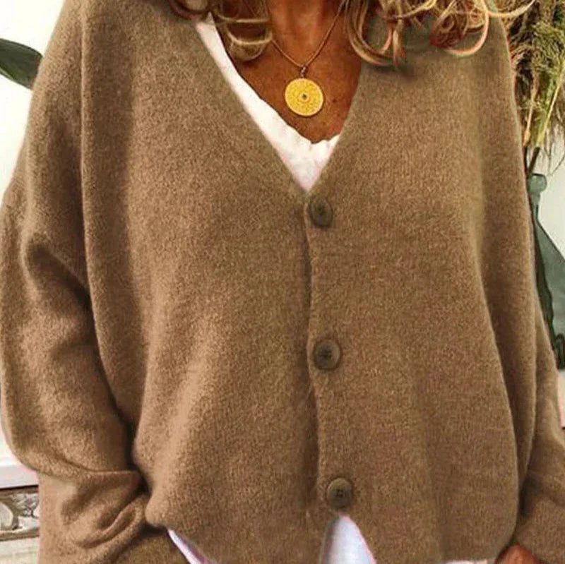 Oversized V-Neck Button-Up Cardigan for Women - Olive Green