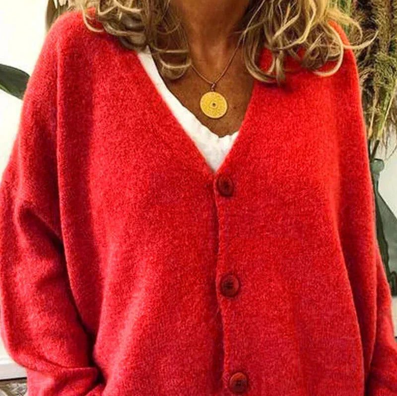 Oversized V-Neck Button-Up Cardigan for Women - Red