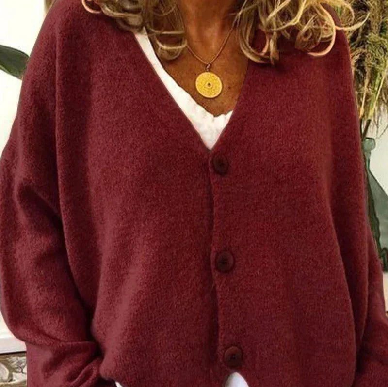 Oversized V-Neck Button-Up Cardigan for Women - Burgundy