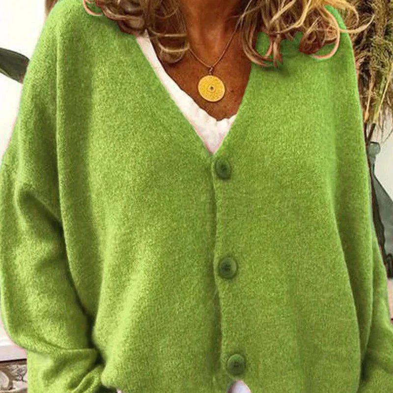 Oversized V-Neck Button-Up Cardigan for Women - Light Green