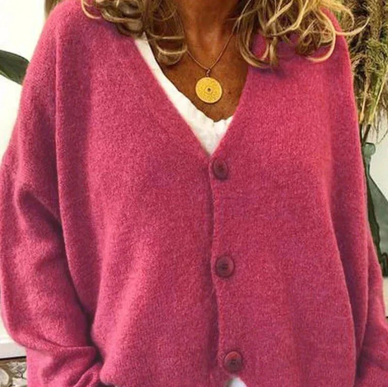 Oversized V-Neck Button-Up Cardigan for Women - Pink