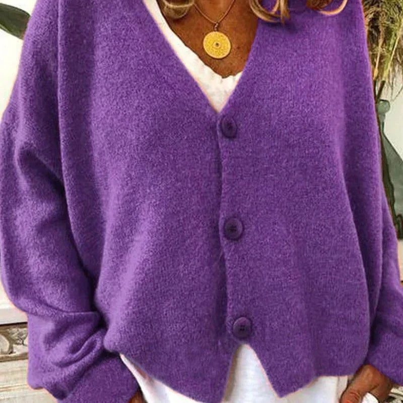 Oversized V-Neck Button-Up Cardigan for Women - Purple
