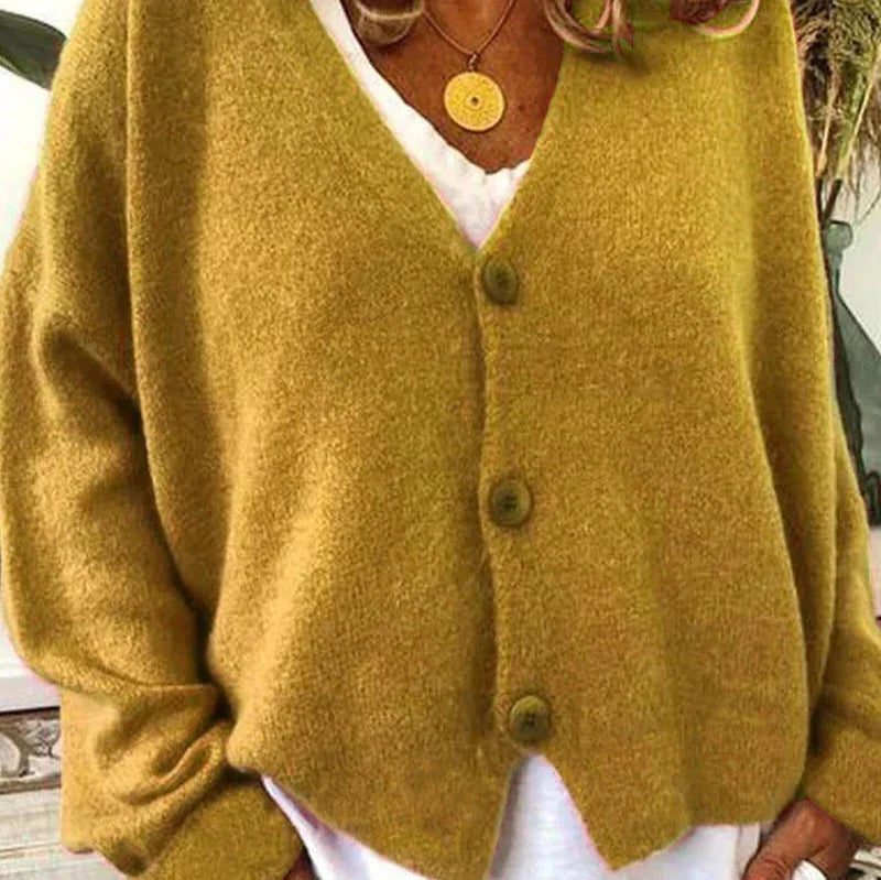 Oversized V-Neck Button-Up Cardigan for Women - Yellow
