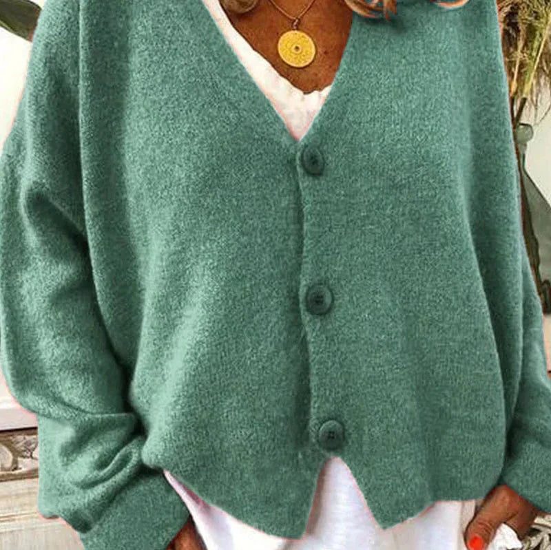 Oversized V-Neck Button-Up Cardigan for Women - Green