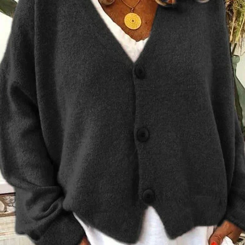 Oversized V-Neck Button-Up Cardigan for Women - Black