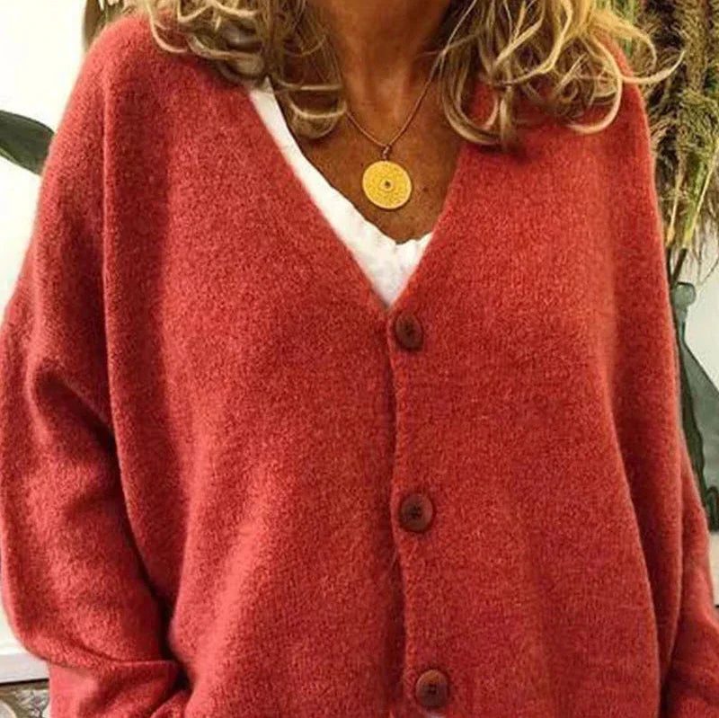 Oversized V-Neck Button-Up Cardigan for Women - Mandarin Orange
