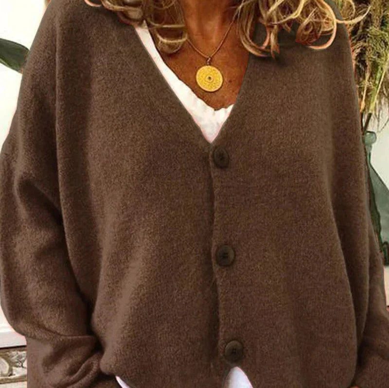 Oversized V-Neck Button-Up Cardigan for Women - Café