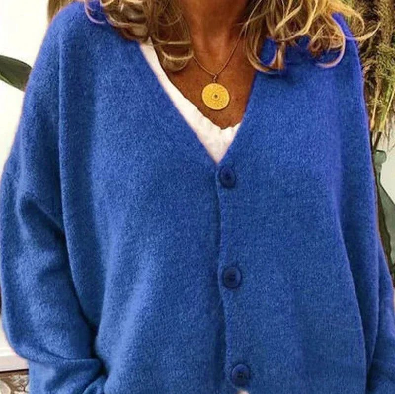 Oversized V-Neck Button-Up Cardigan for Women - Blue
