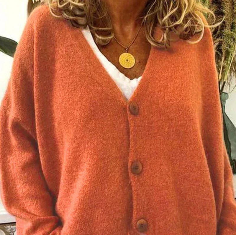 Oversized V-Neck Button-Up Cardigan for Women - Orange