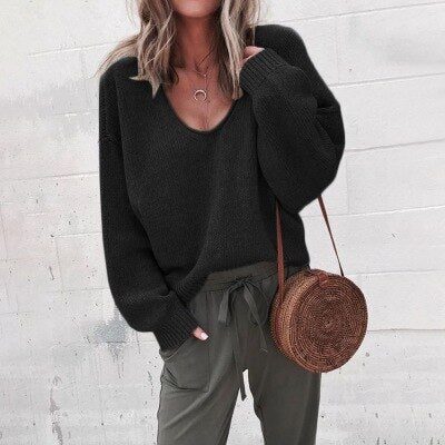 Oversized V-Neck Knit Sweater for Women - Black