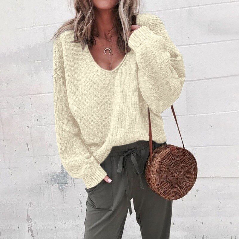 Oversized V-Neck Knit Sweater for Women - Beige
