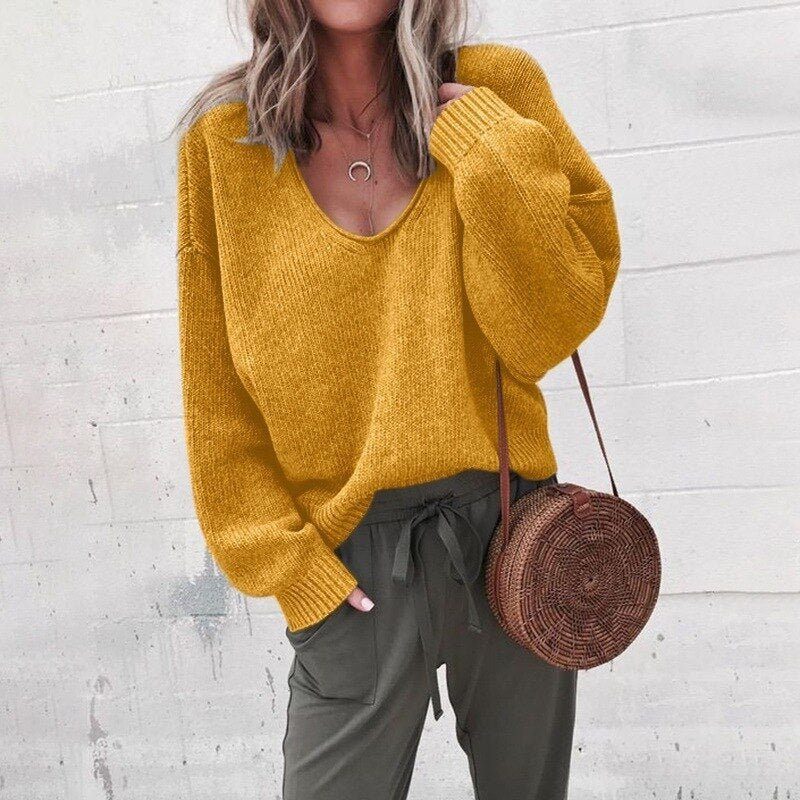 Oversized V-Neck Knit Sweater for Women - Yellow