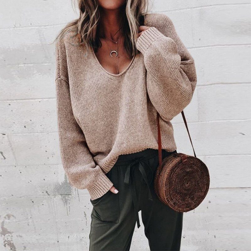 Oversized V-Neck Knit Sweater for Women - Khaki