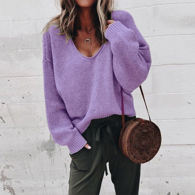 Oversized V-Neck Knit Sweater for Women - Lilac