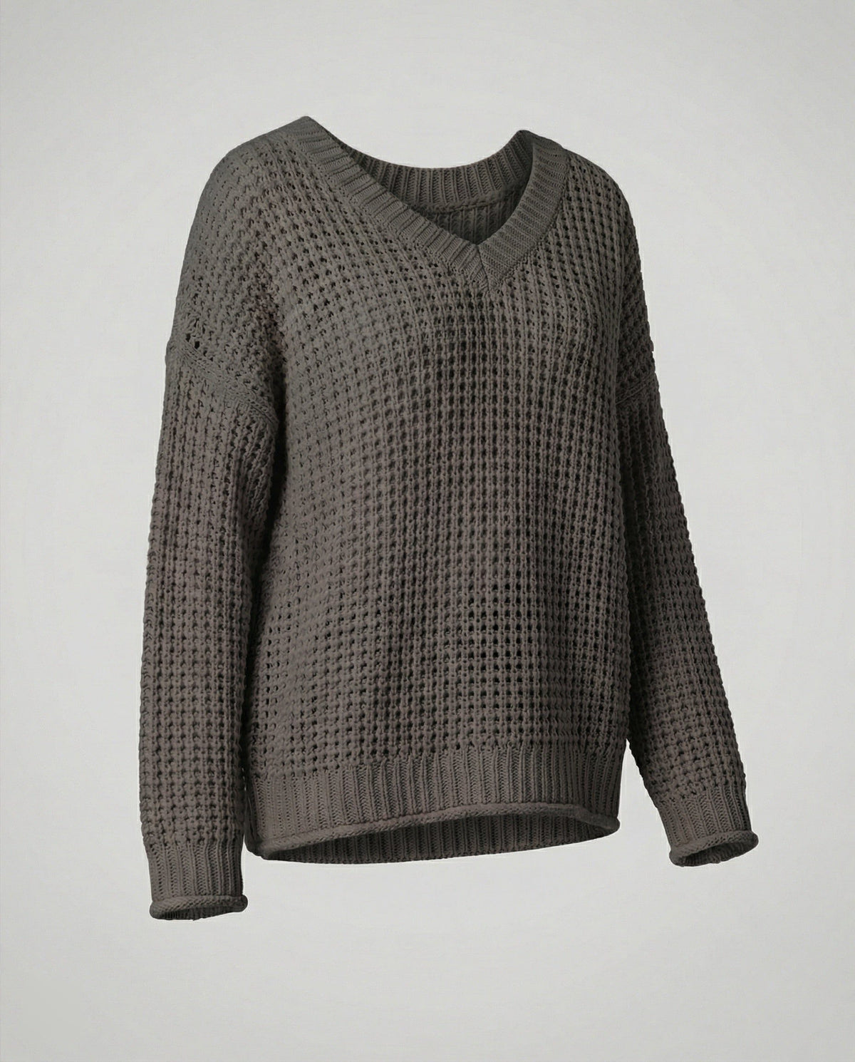 Oversized V-Neck Ribbed Knit Pullover for Women - Black