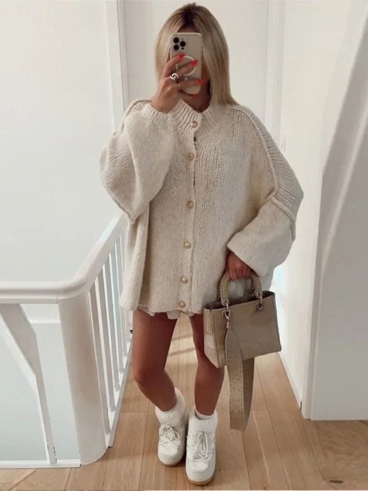 Oversized Wool Cardigan for Women - White Beige