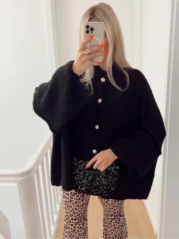 Oversized Wool Cardigan for Women - Black