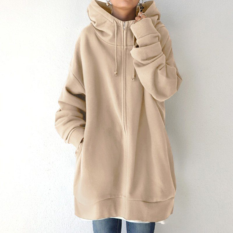 Oversized Zip-Up Hoodie Sweatshirt for Women - Beige