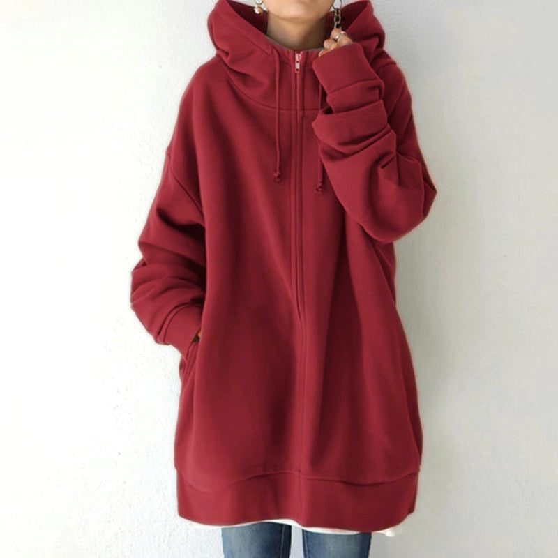 Oversized Zip-Up Hoodie Sweatshirt for Women - Red