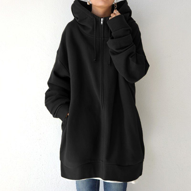 Oversized Zip-Up Hoodie Sweatshirt for Women - Black