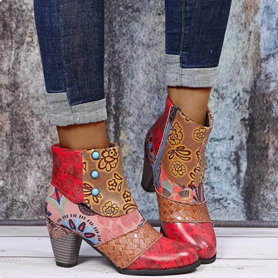 Patchwork Block Heel Ankle Boots for Women - Red