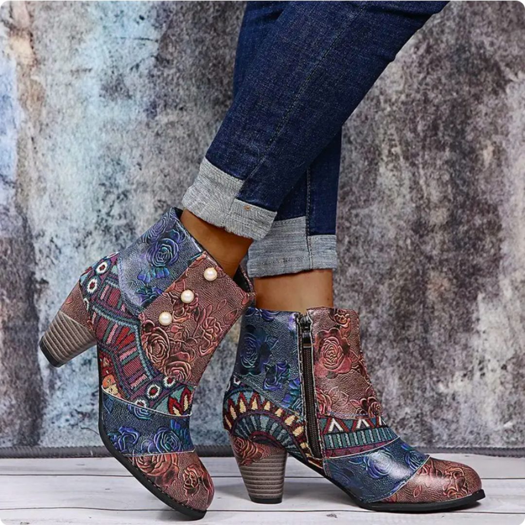 Patchwork Block Heel Ankle Boots for Women - Grey