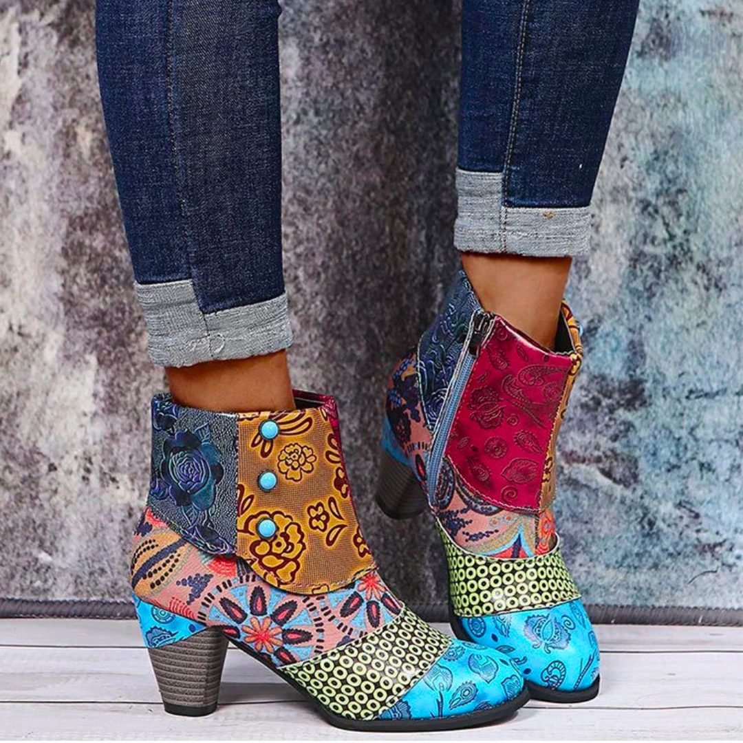 Patchwork Block Heel Ankle Boots for Women - Blue