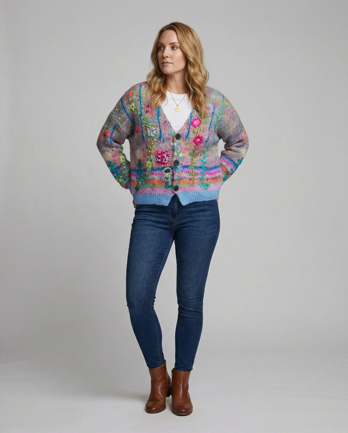 Patterned Knit Cardigan with Button Closure for Women