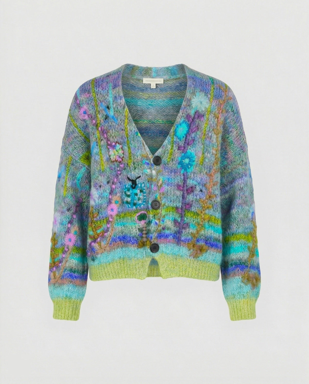 Patterned Knit Cardigan with Button Closure for Women - Green