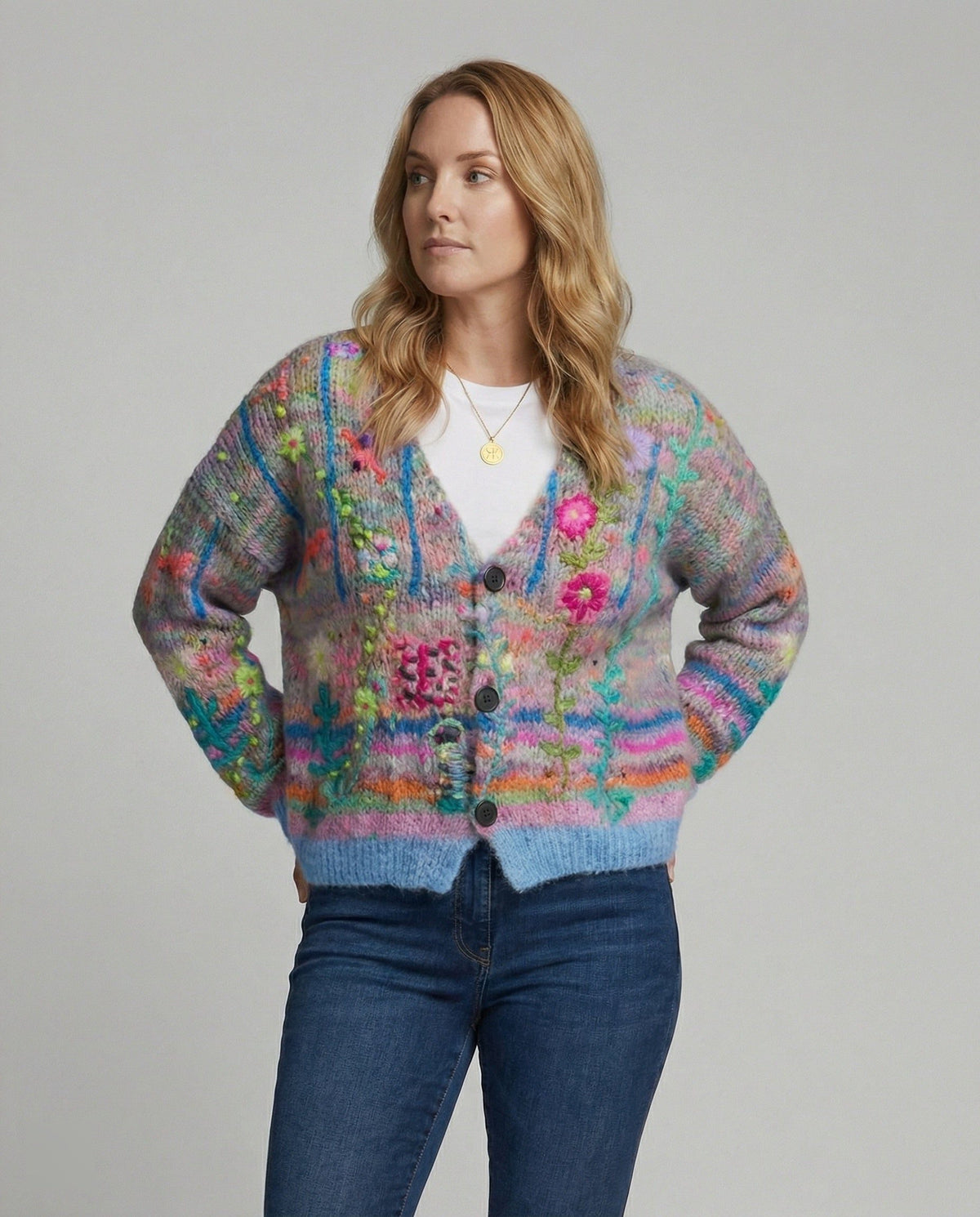Patterned Knit Cardigan with Button Closure for Women - View 2