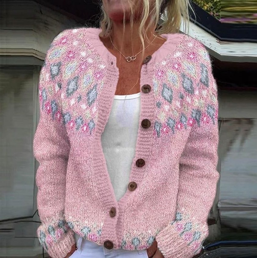 Patterned Knit Cardigan with Button Front for Women